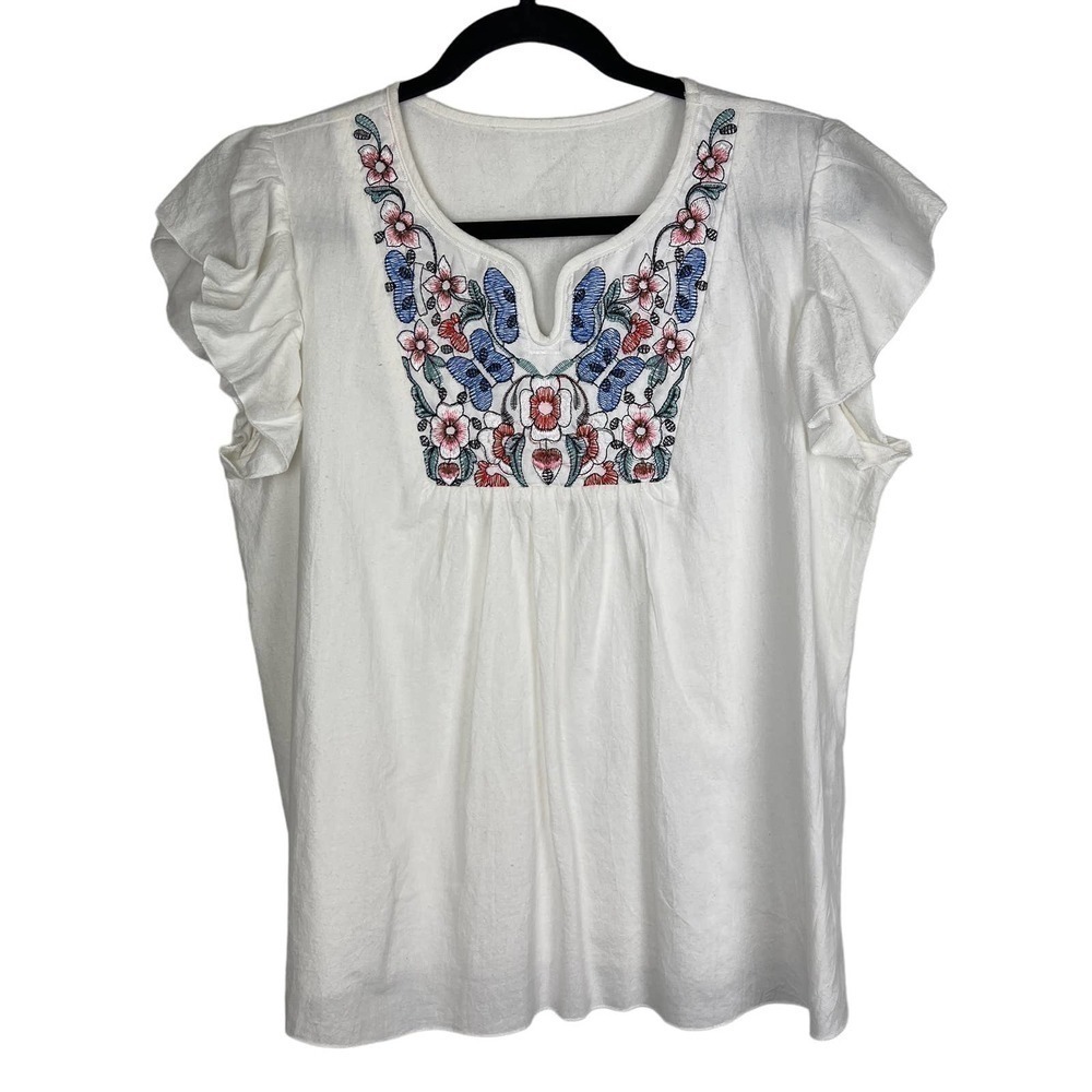 Floral Embroidered Ruffle Sleeve Blouse Size L